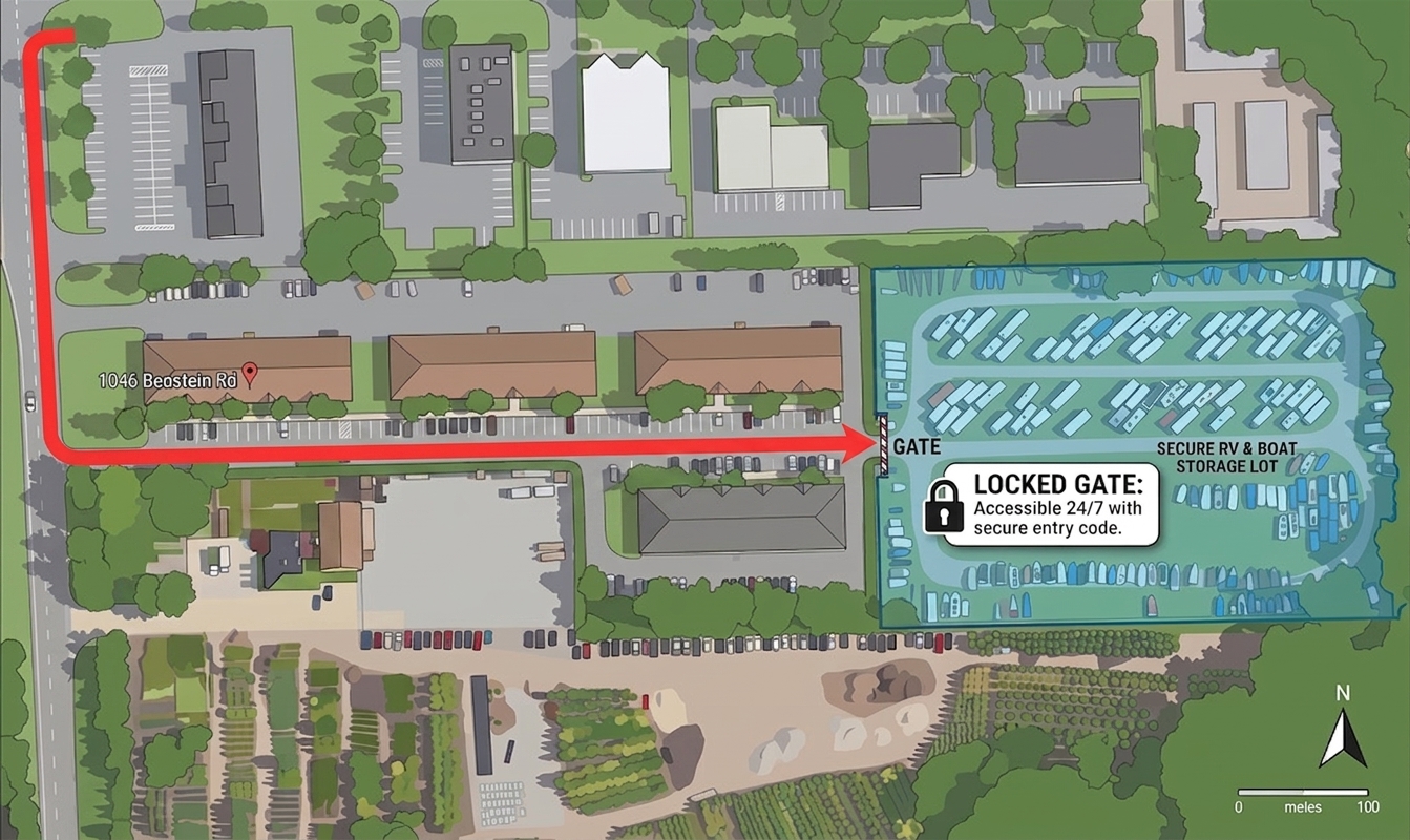 Map showing the drive from Benstein Road to the locked gate at the secure RV and boat storage lot at 1046 Benstein Rd